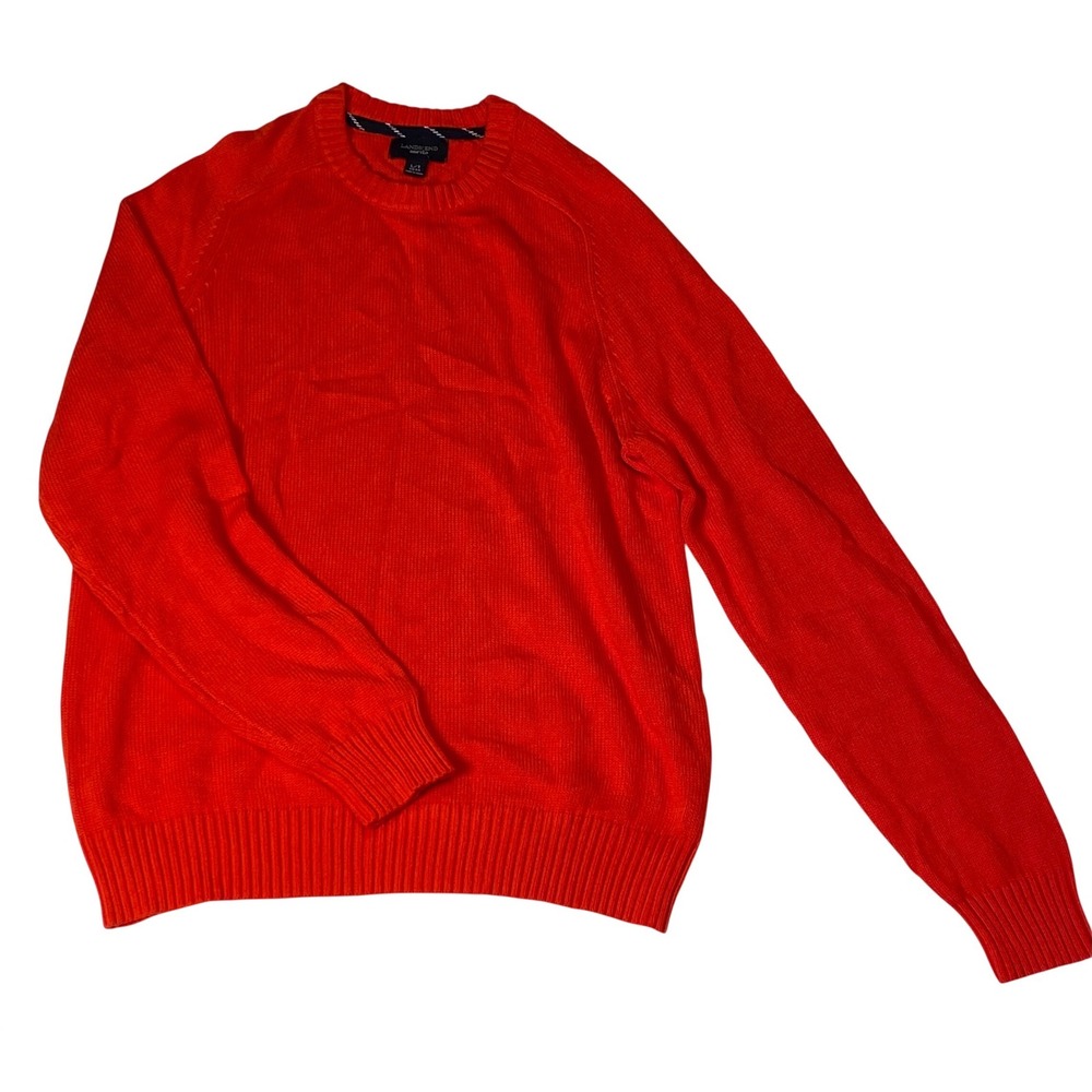 Lands End Drifter Crewneck Sweater Mens Large Tall L/T Orange Red Knit Raglan